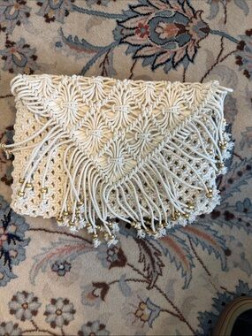 Shiraleah Cream Macramé Fringe Wristlet Clutch with Brass Beads